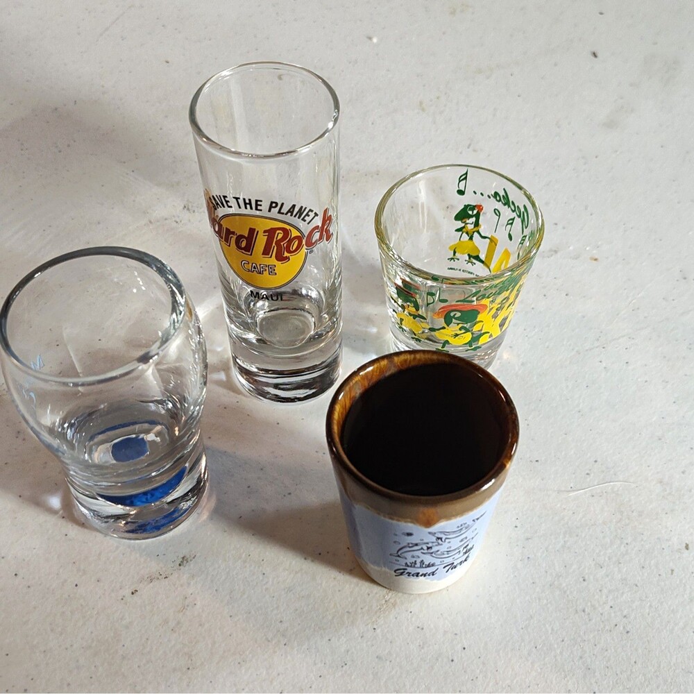Hard Rock Cafe Souvenir Shot Glass Lot of 4 Clear/Blue Decorated Glass 1476